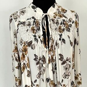 Free People Boho Pebble Crepe Smocked Tunic Ivory w/ Floral Print XXL